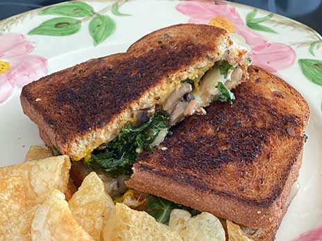 Kale and mushroom grilled cheese sandwich